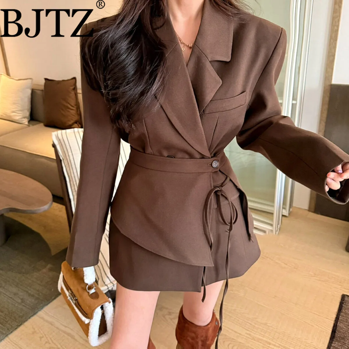 

BJTZ женский легкий роскошный шерстяной костюм с блейзером и поясом на талии для осенне-зимнего офиса, официальной шикарной одежды