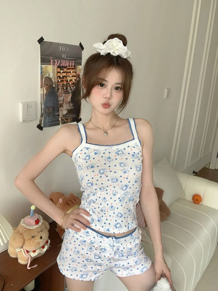 

Милый жилет на бретельках со слоном, женские летние корейские брюки, студенческий комплект уличной домашней одежды, милый милый комплект