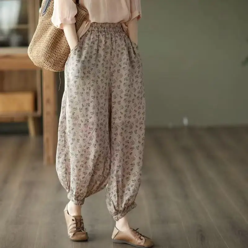 New Retro Printed Linen Harem Pant Women Literary Floral Long Trousers Summer Breathable Lantern Pant Versatile