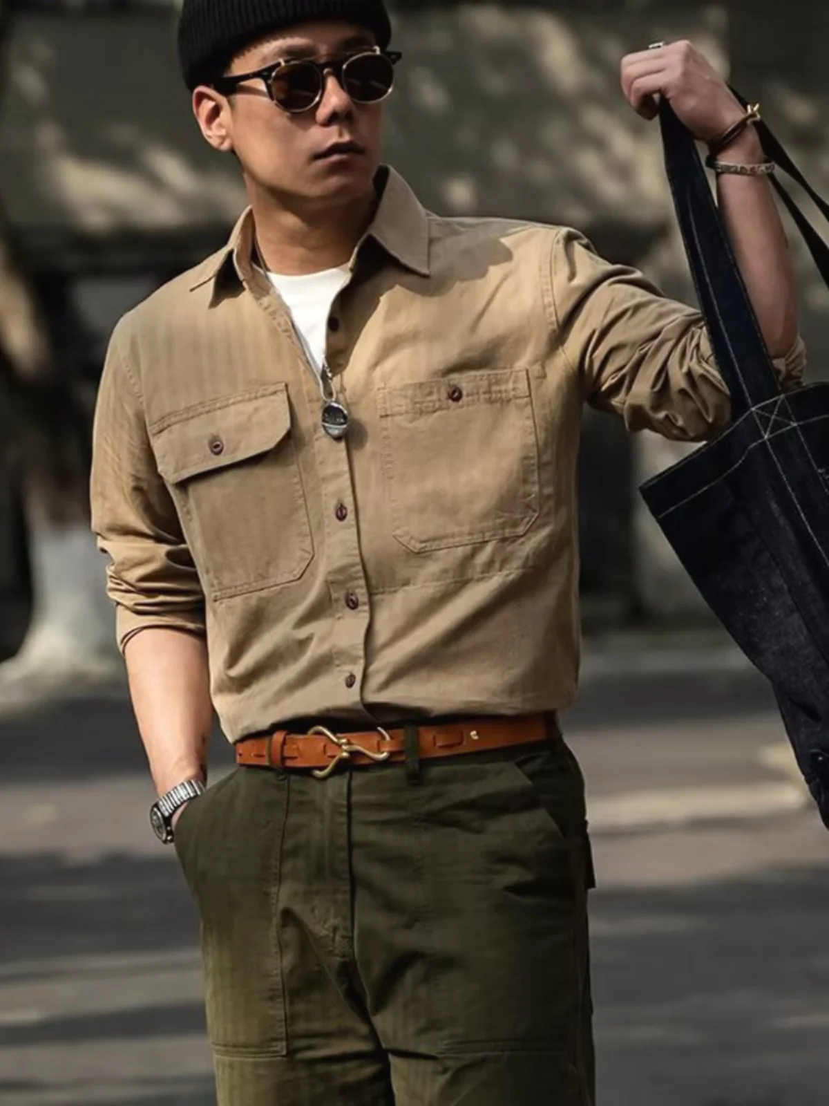 

American Sle Pure Cotton Men's Long Sve irt Youth Faion Workwear Windproof Outerwear Stand Fit Four Seasons Wear