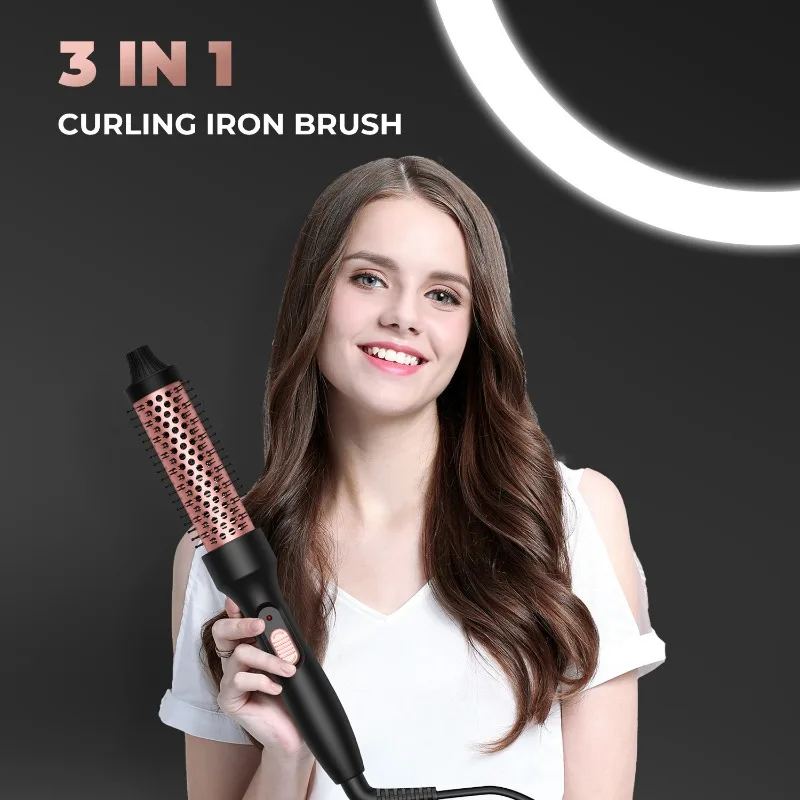 

3 in1 Professional Thermal Brush Ionic Heated Curler/Straightener with Anti-Scald Electric Round Brush Hair Styling BrushTools