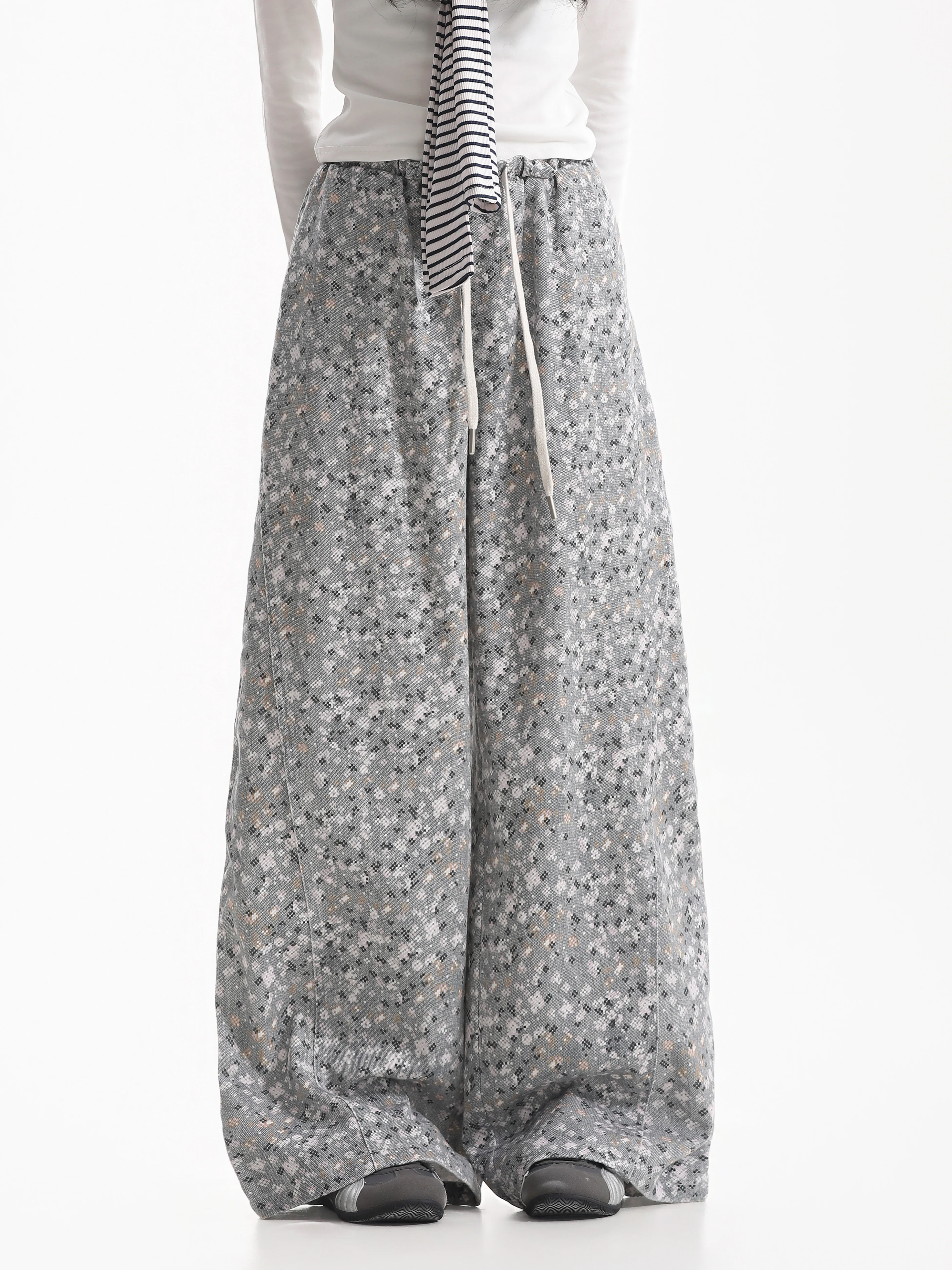 American Style Casual Loose Wide Leg Pants Floral Print Design Drawstring Drapey Floor-Length Trousers for Casual Wear