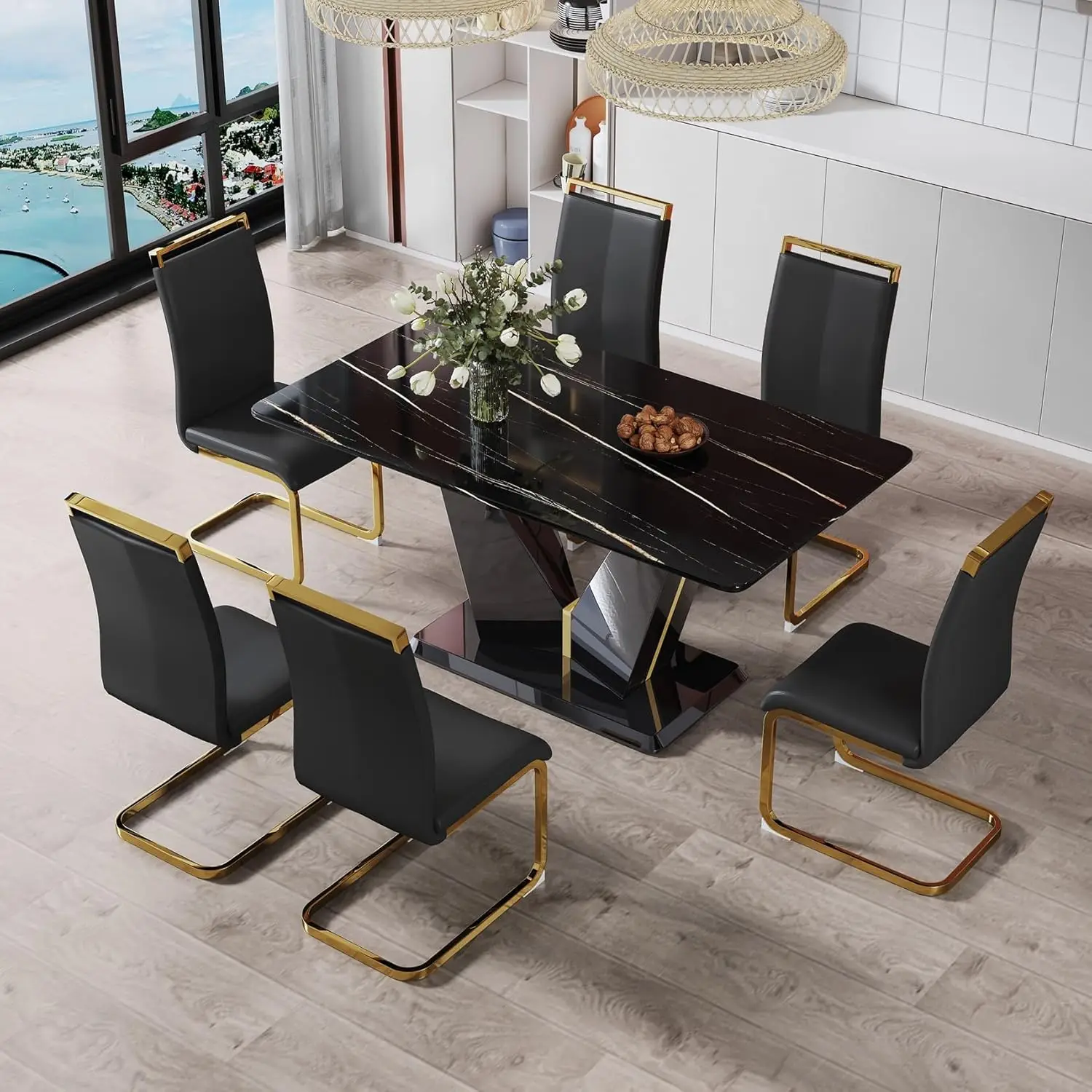 7 Pieces Modern Black Dining Table Set 63