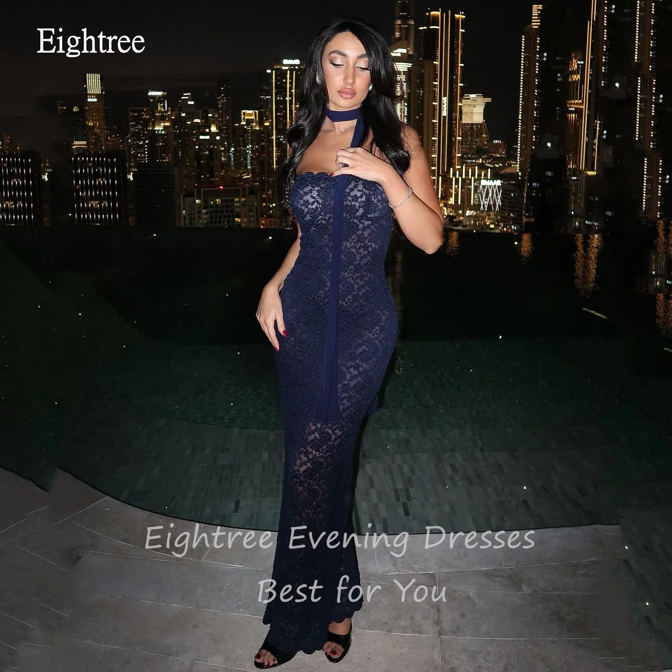 Eightree Sexy Navy Blue Lace Mermaid Prom Dresses Strapless Party Gowns Floor Length Evening Dress Gown 2025 Customized