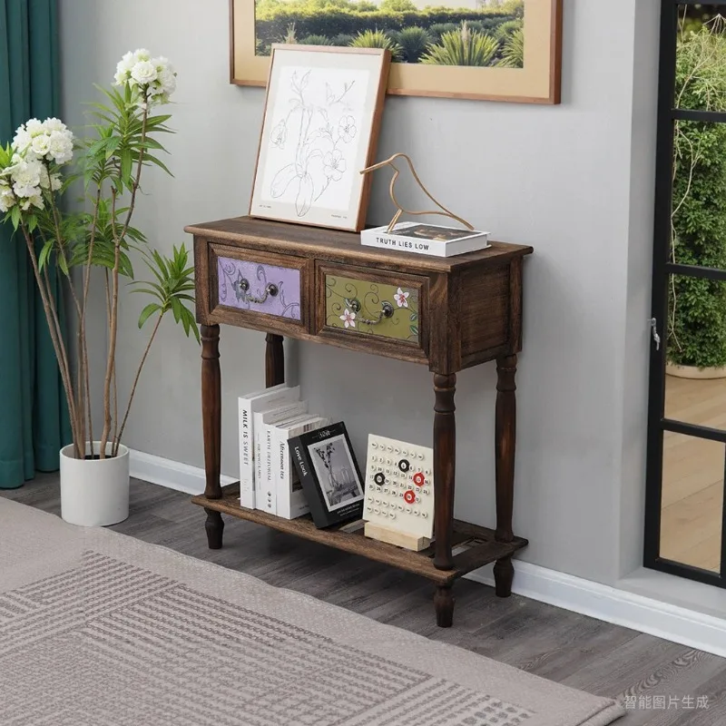 Vintage American Solid Wood Entryway Console Table Anti-Corrosion Hallway Cabinet with Drawers for Living Room & Balcony Storage
