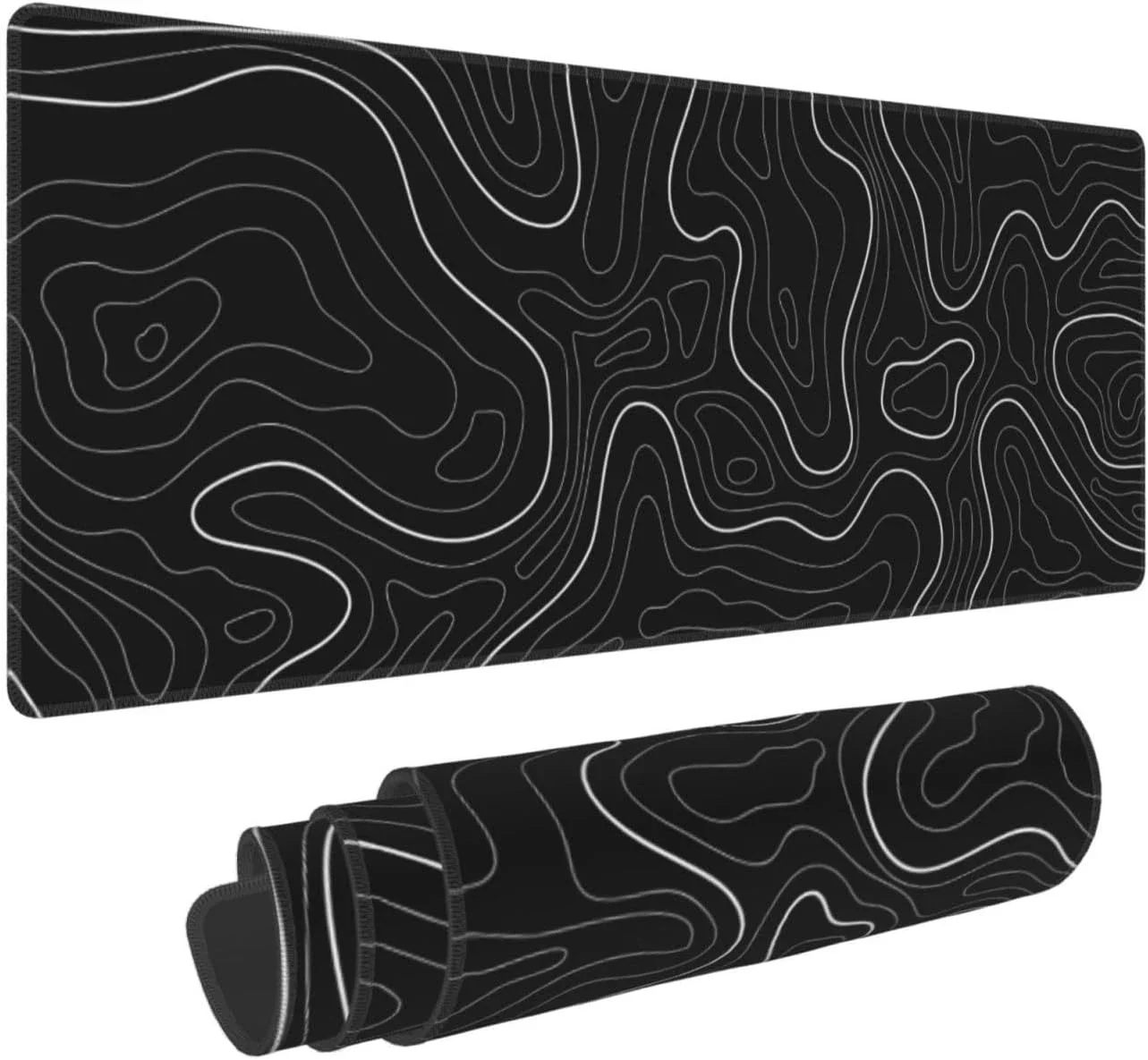 Topographic Contour Black Gaming Mouse Pad Large Deskmat NonSlip Rubber Stitched Edge Keyboard Mousepad for Office Home and Game