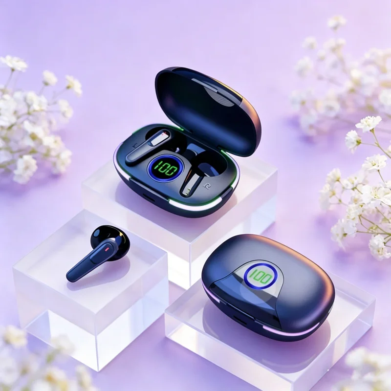 Fones de Ouvido TWS Bluetooth 5.3 Sem Fio HiFi Estéreo com Microfone e Display LED para Esportes