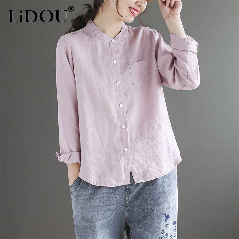 

2023 Spring Autumn New Solid Color Round Neck Long Sleeve Button Cardigan Women Vintage Casual Cotton Pocket All-match Shirt