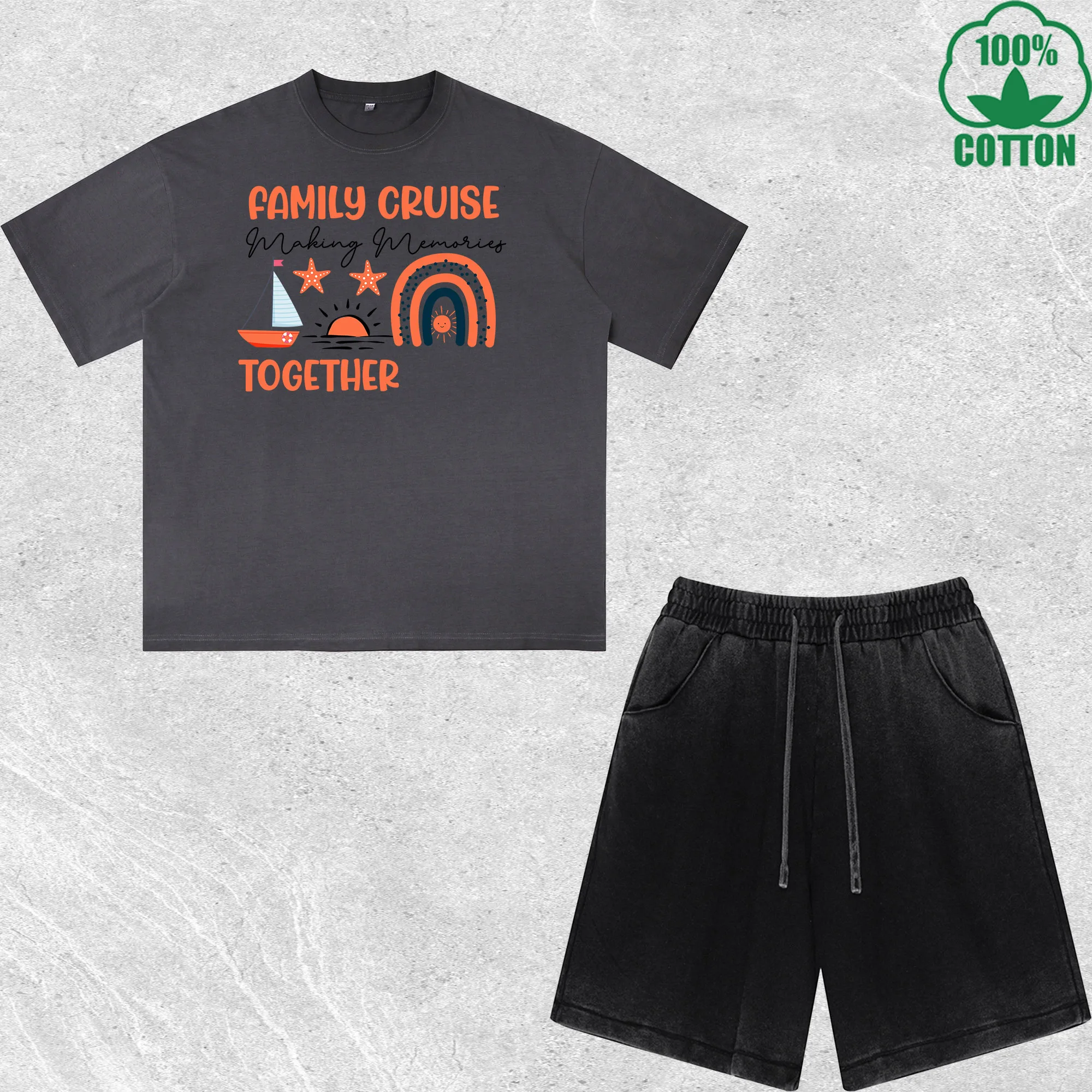 

Making Memories Together Printed Dirty Wash T-Shirt Shorts Set Combo Loose Trendy Fashionable 100%Cotton Black Suit