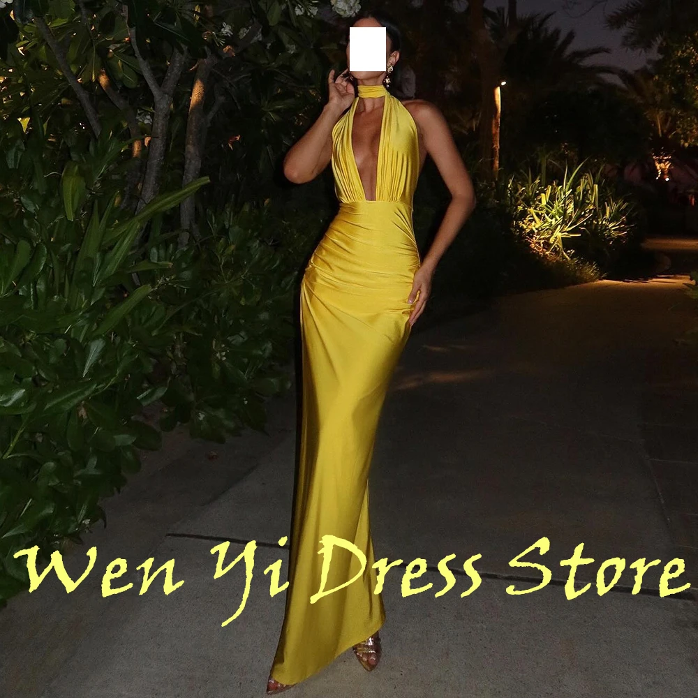 Classic Solid Yellow Color Satin Pleats Evening Dress Sexy Halter V-Neck Side Slit Straight Floor Length Sleeveless Custom Made