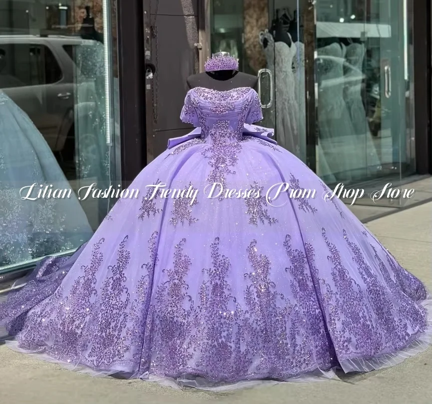 Lilac Purple Sparkling Princess Quinceanera Dresses 2025 Elegant Beaded Applique Bow Sweet Train Mexico Prom Lace Up Customised