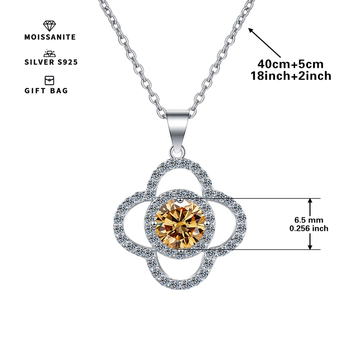 S925 silver Platinum plating inlaid with Champagne GRA Moissanite Four-Leaf Clover round pendant,clavicle chain necklace women