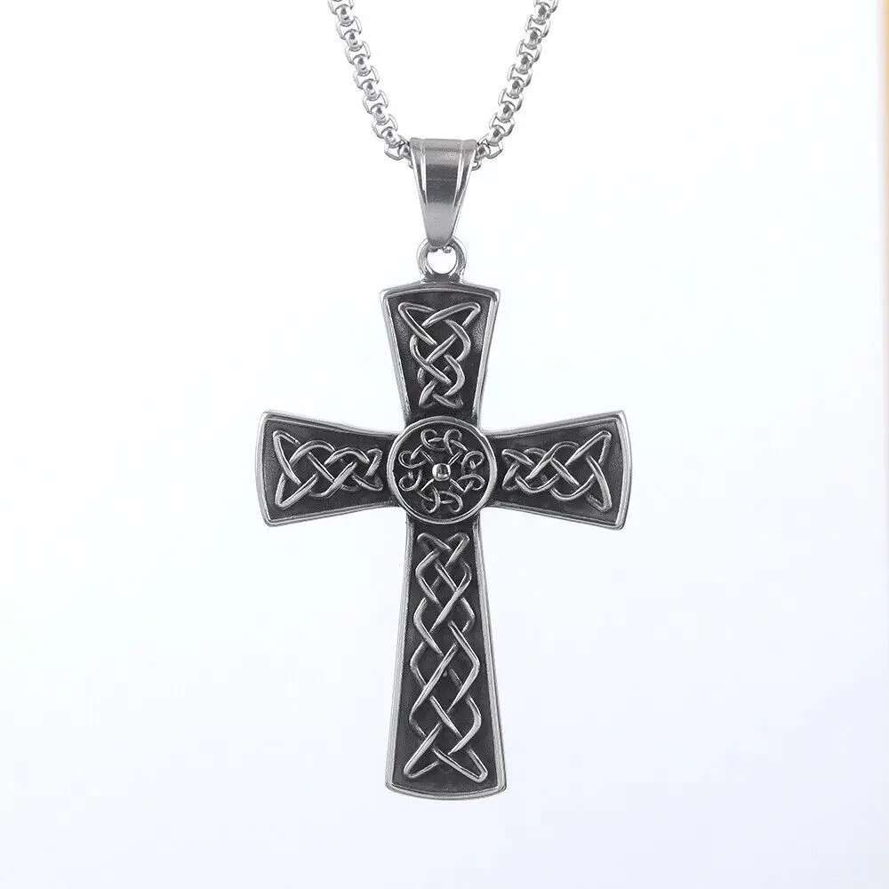 Fashion Irish Celtic Knot Cross Pendant Necklace Chain Stainless Steel Jewelry