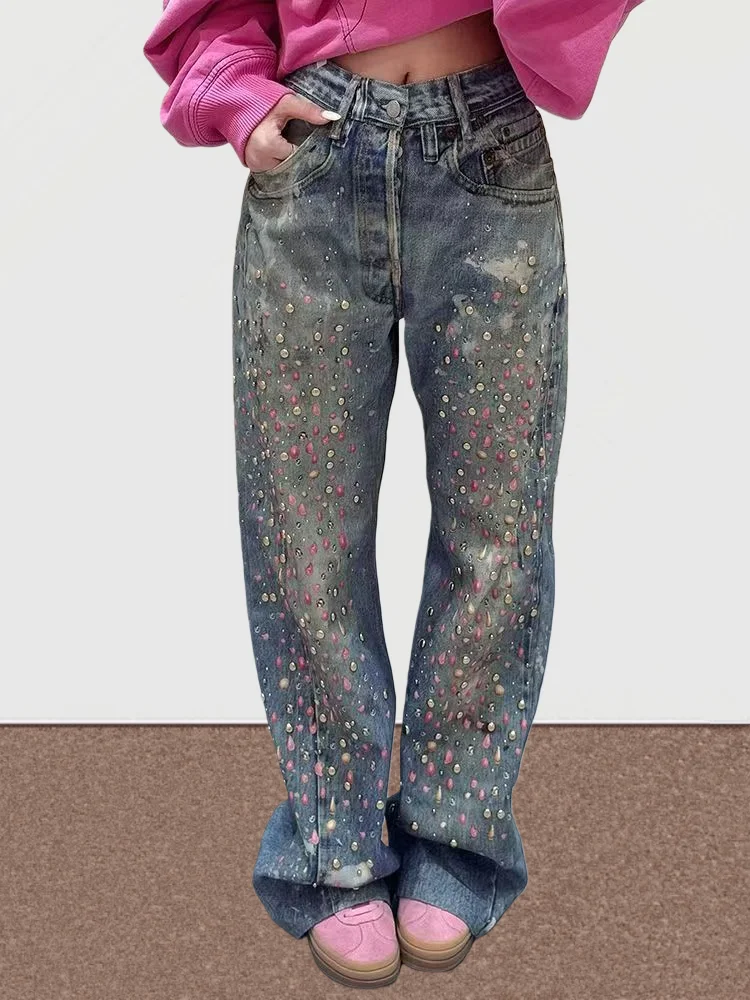 

2024, американские ретро Y2K, мешковатые женские джинсы со стразами, новые брюки, одежда, уличная одежда, роскошные женские джинсовые брюки