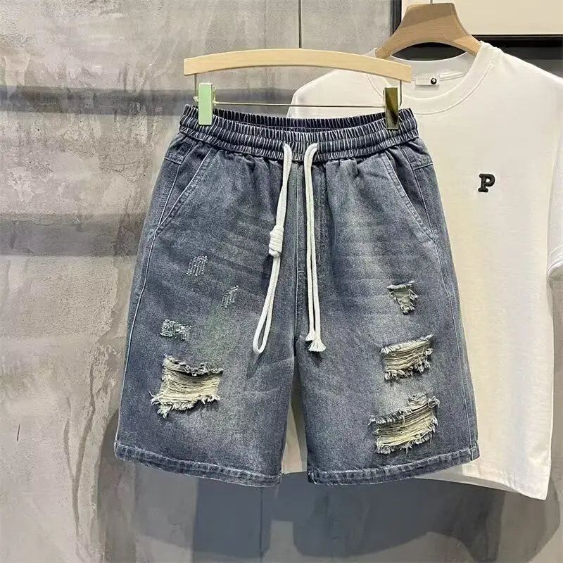 

Retro Waed Denim orts Men's Summer Loose Straight Leg Dstring Waist Youthful Energy Polyester Fiber Busin Casual