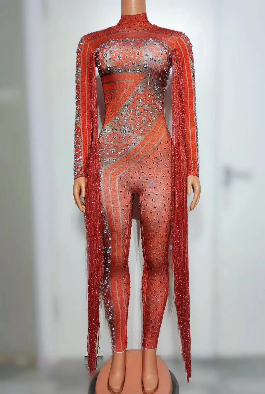Long Sleeve Tassel Rompers Performance Costumes Lady One Piece Diamond Sequin Jumpsuit Sparkle Rhinestone Women White Bodysuit