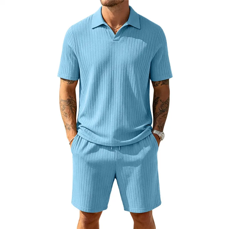 

Summer Men's Casual Sets Solid Color Striped Casual Sportswear Men Turn Down Collar Short Sleeve Tops And Shorts Beach Sets Man