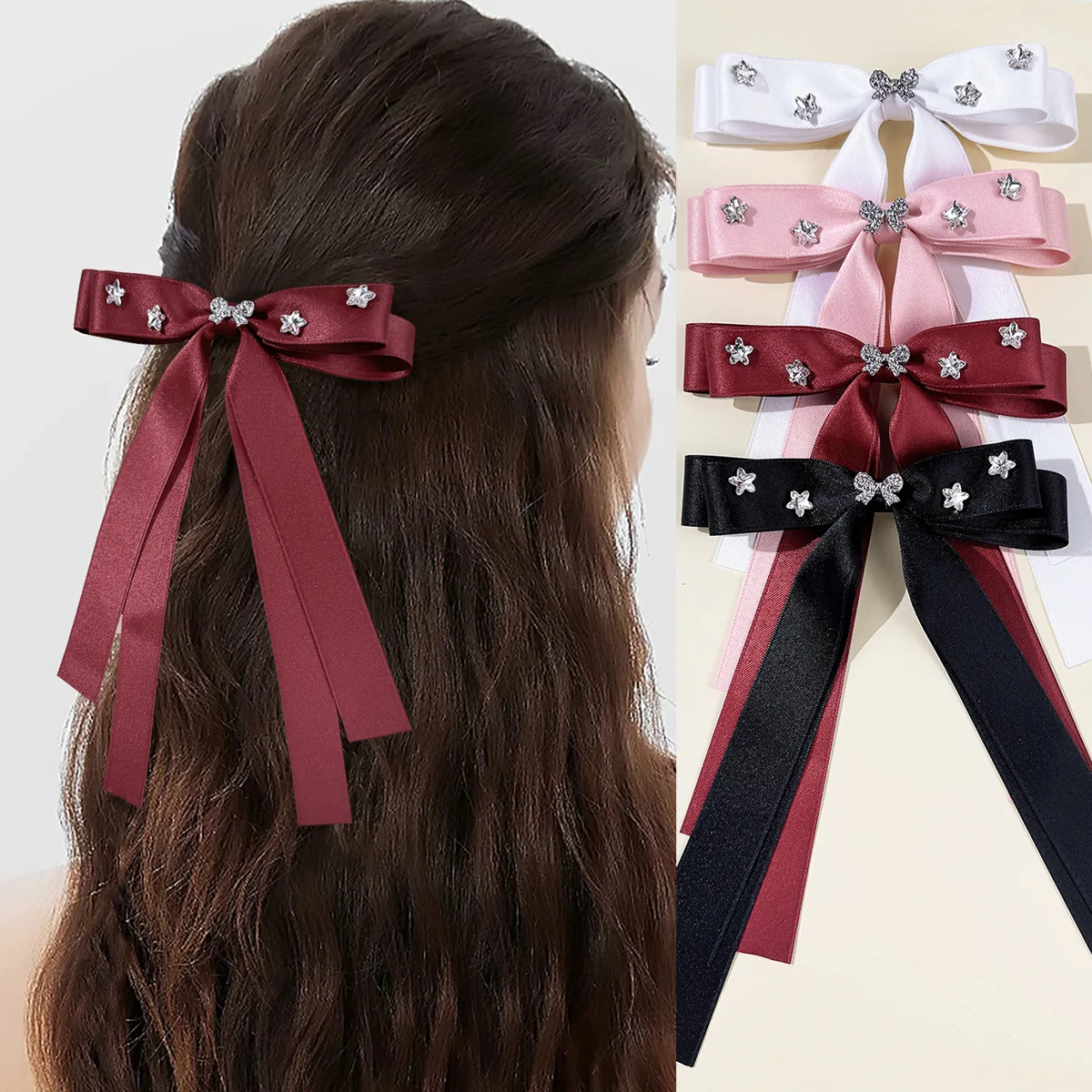 24pcs Korean Style Double Bowknot Hair Clips for Women Girls Trendy Long Tassel Bow Silver Barrettes with Crystal Hairgrips Bulk