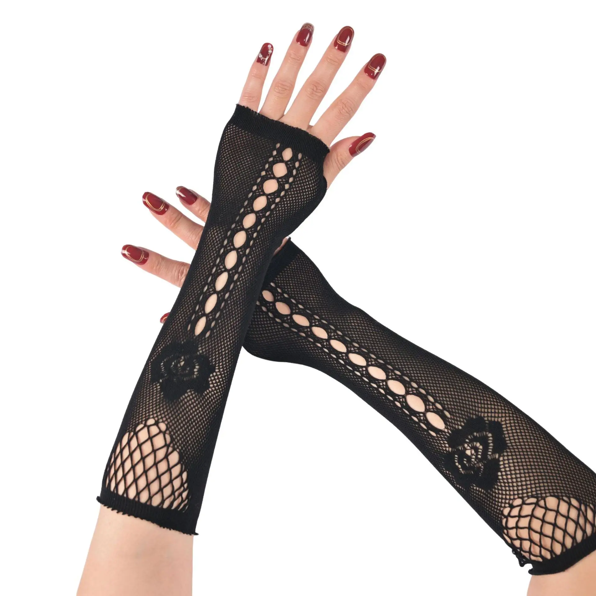 Fingerless Gloves Arm Sleeves Women Dark Ripped Hollow Out Punk Gothic Mesh Long Floral Lightweight Adult Size Black Party Daily