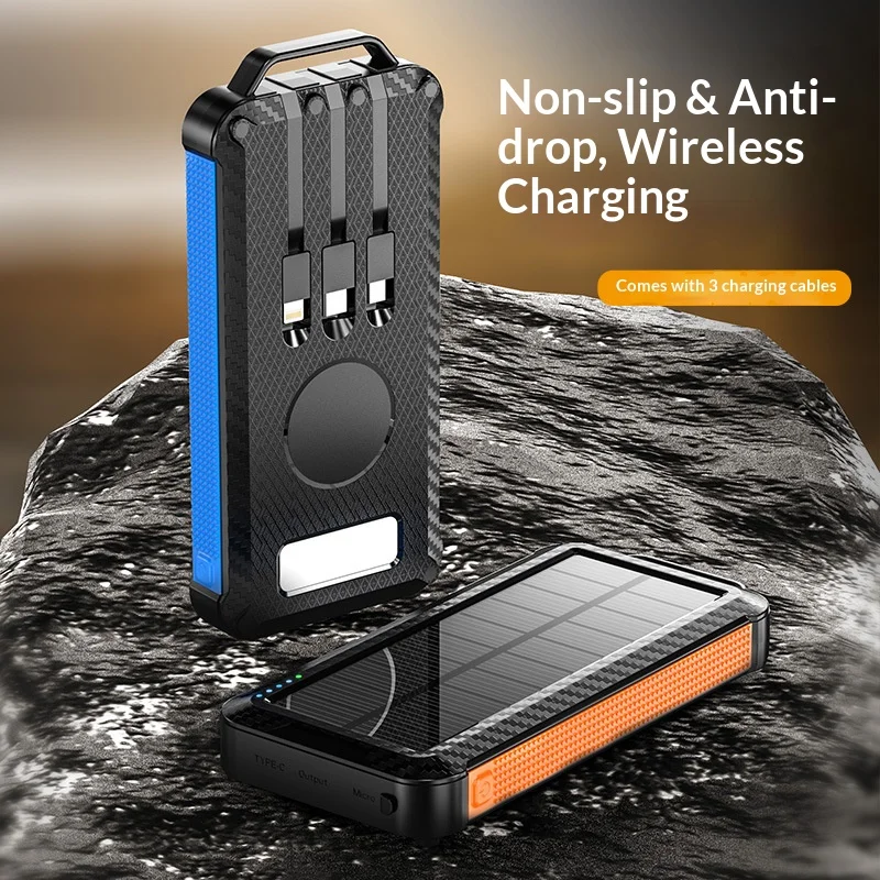 10000mAh Solar Power Bank Wireless Charging with LDE Light Mobile Power Outdoor Camping Fast Charging Battery Christmas Gift