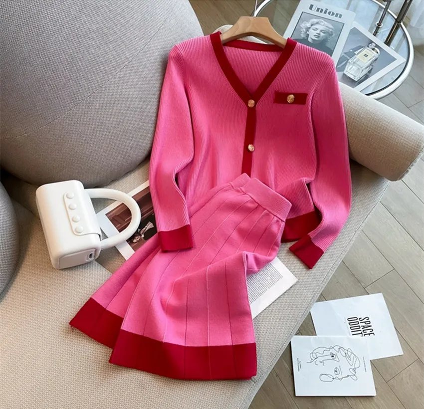 Fashion Women V Neck Hit Color Knitted Golden Single Breasted Loose Cardigan Two Piece Set + High Waist A Line Skirt Suit Female