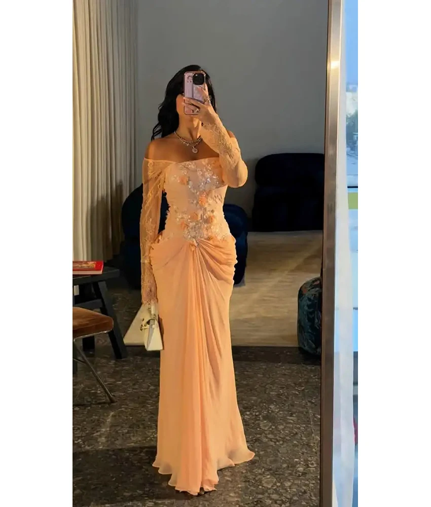 

MCDV Customized Graceful Chiffon Straight Off the Shoulder Sequined Crystal Lace 3D Flowers Evening Dress Delicate Prom Gowns