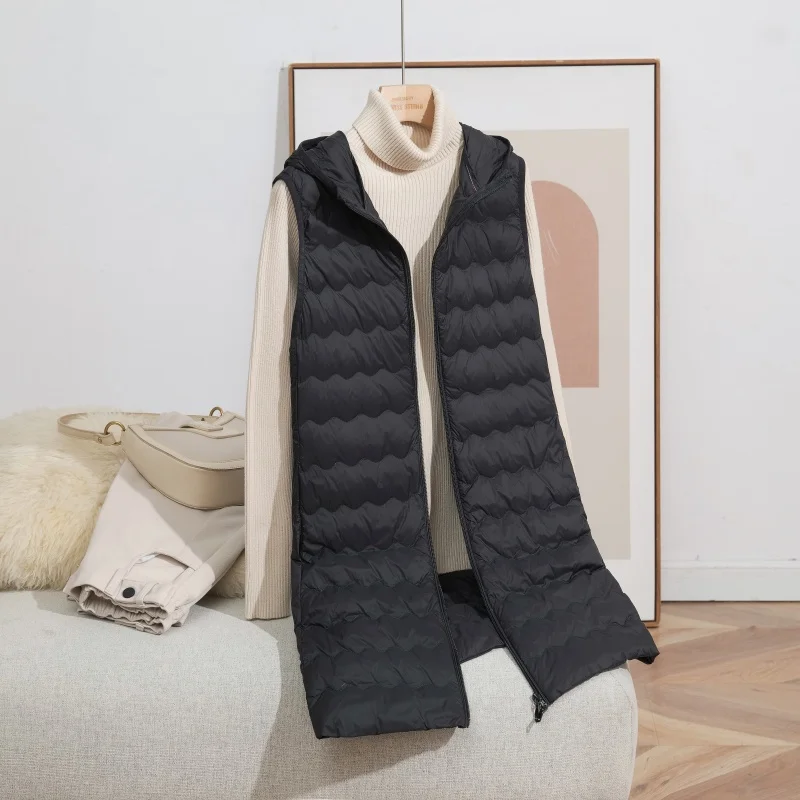 Gilet à capuche mi-long en duvet de canard blanc pour femme, manteau polyvalent, chaud, Simple, à la mode, pour l'extérieur, nouvelle collection 2025, 90%