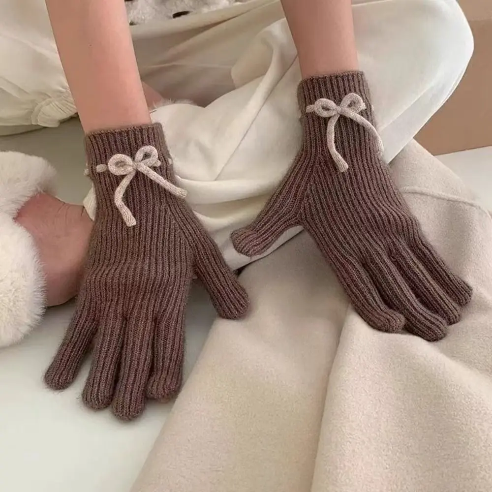Practical Knitted Texture Wool bow knit gloves Solid Color Windproof Full Finger Mittens Thermal Riding Gloves Outdoor Sports