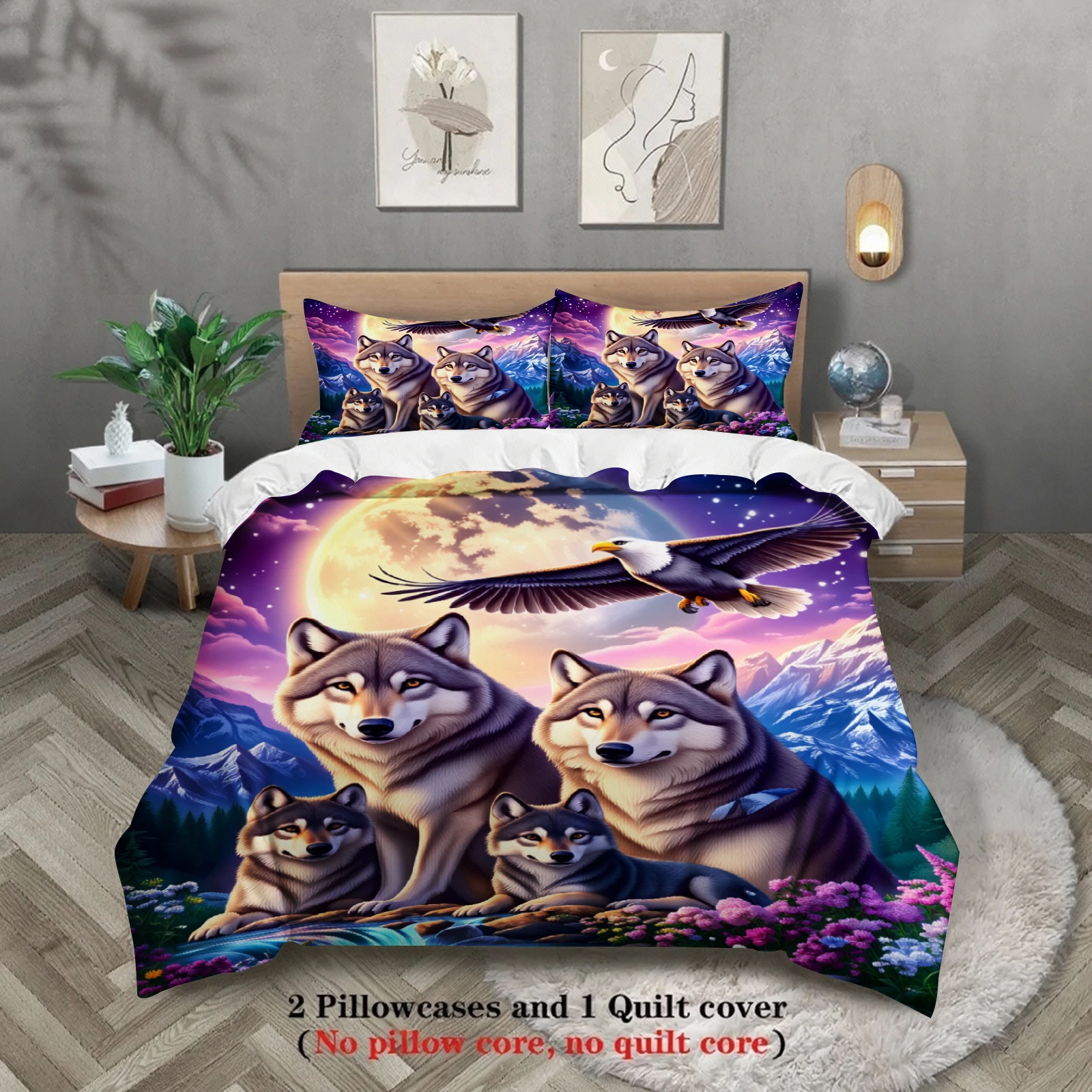 3pcs Wolf And Eagle Bedding Sets 3D Printed Animal Pattern Breathable Durable Duvet Cover Sets With Pillowcases No Filling