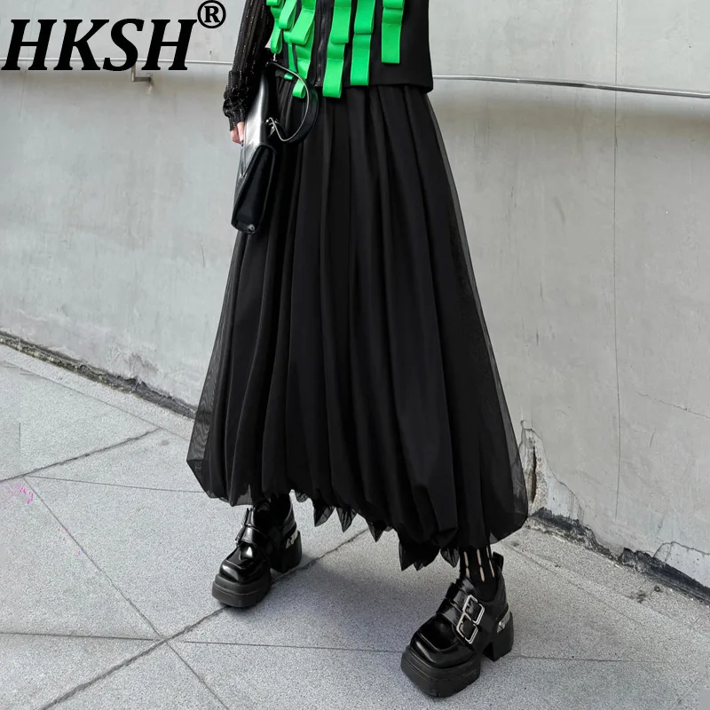 HKSH 2026 Spring Summer New Women Skirt Pleated Mesh Elastic Waisted Versatile A-line Dark Stylish Elegant Trendy Skirts HK17319