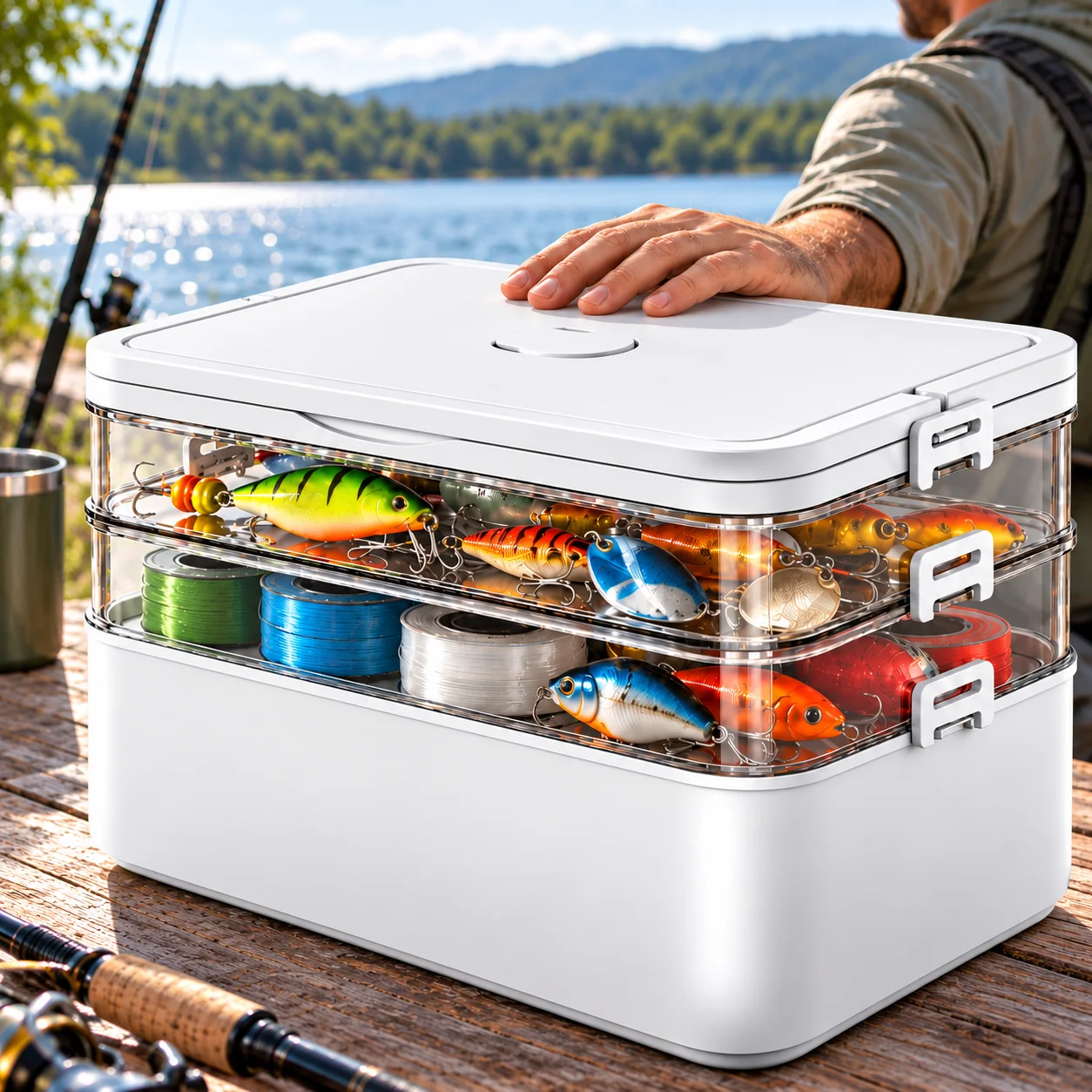 Scatola portatile per attrezzatura da pesca, con 3 scomparti rimovibili e struttura trasparente, ideale per organizzare l'attrezzatura da pesca. Dimensioni: 40x22x28 cm. Ampia capacità, scatola per