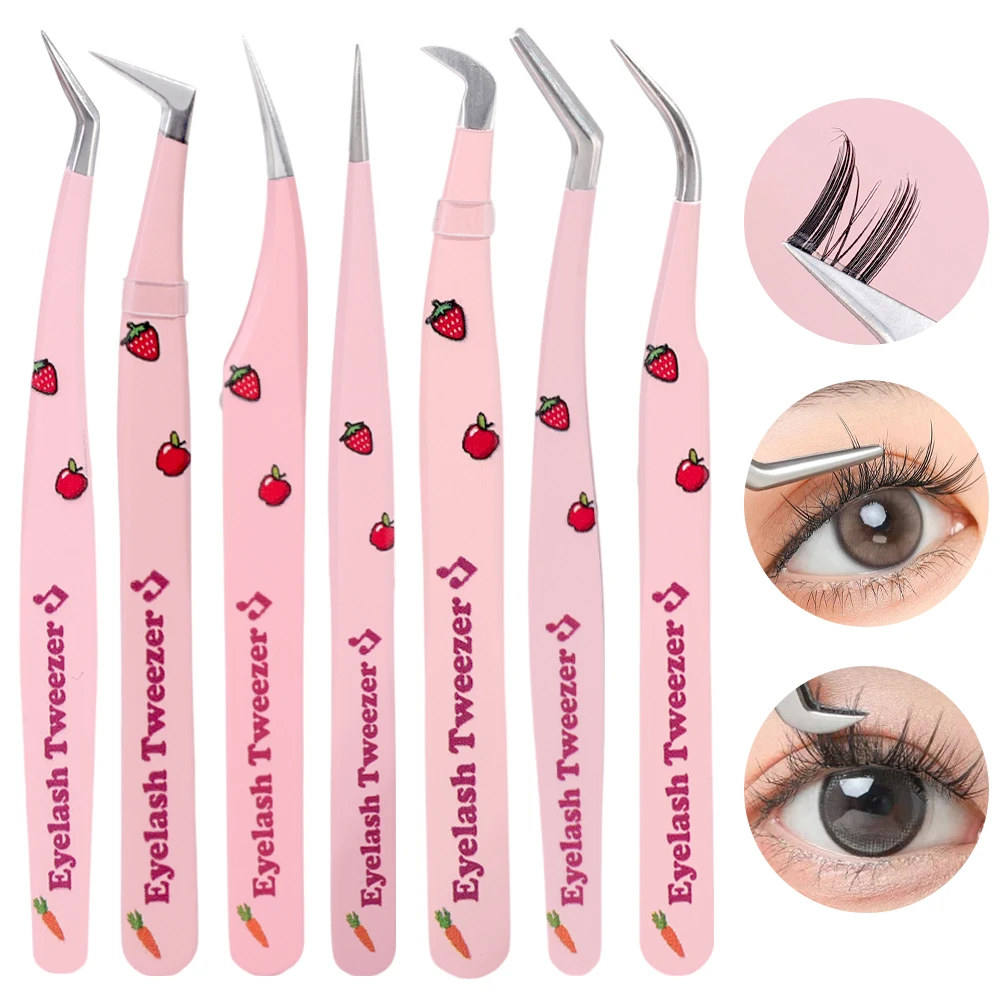 Stainless Steel False Eyelash Tweezers Set High-quality 3D Lashes Extension Tweezer Makeup Tools Anti-static Pink Eyebrow Clip