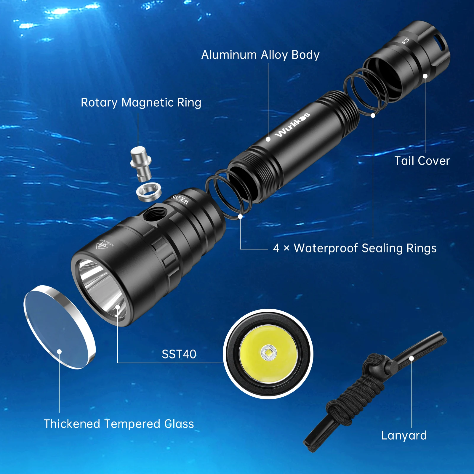 Wurkkos WK20S Lamp 18650 Underwater Lantern 2000LM Scuba Diving Torch SST40 LED Camping Lighting IPX8 Survival Outdoor Lights
