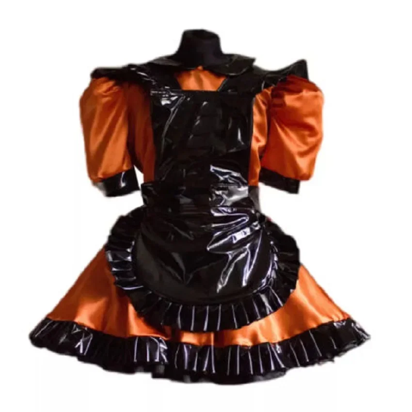 

Sissy Cosplay Sexy Maid Girl Lockable Satin Black Orange Dress Adult Custom Carnival Party Costume