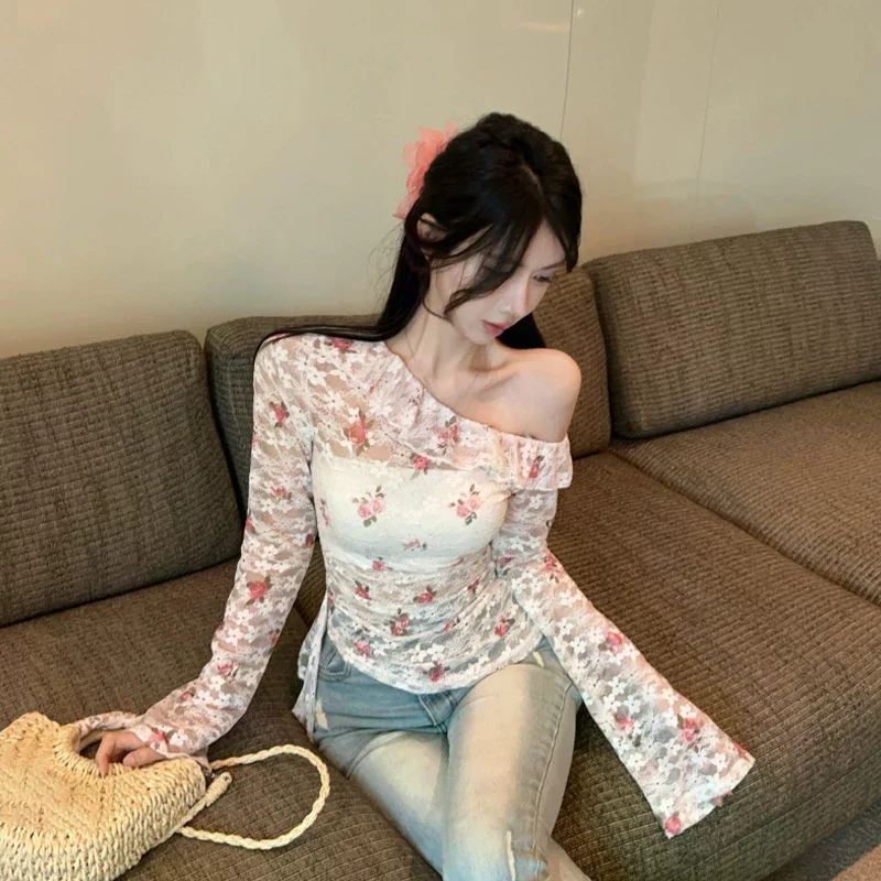 Herbst Neue Design Lange-ärmeln T-shirt frauen One-schulter Rüschen Bodenbildung Shirt Top