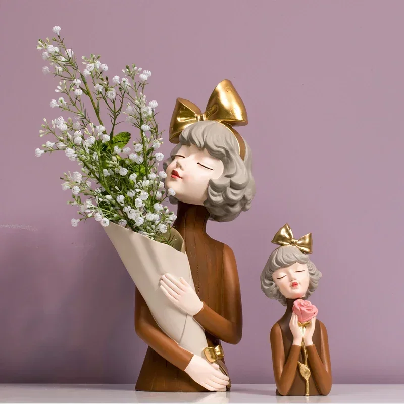 

Bowknot Modern Girls Sculpture Decoration Resin Vase+Fake Flower Accessories Home Livingroom Table Flower Pot Figurines Crafts