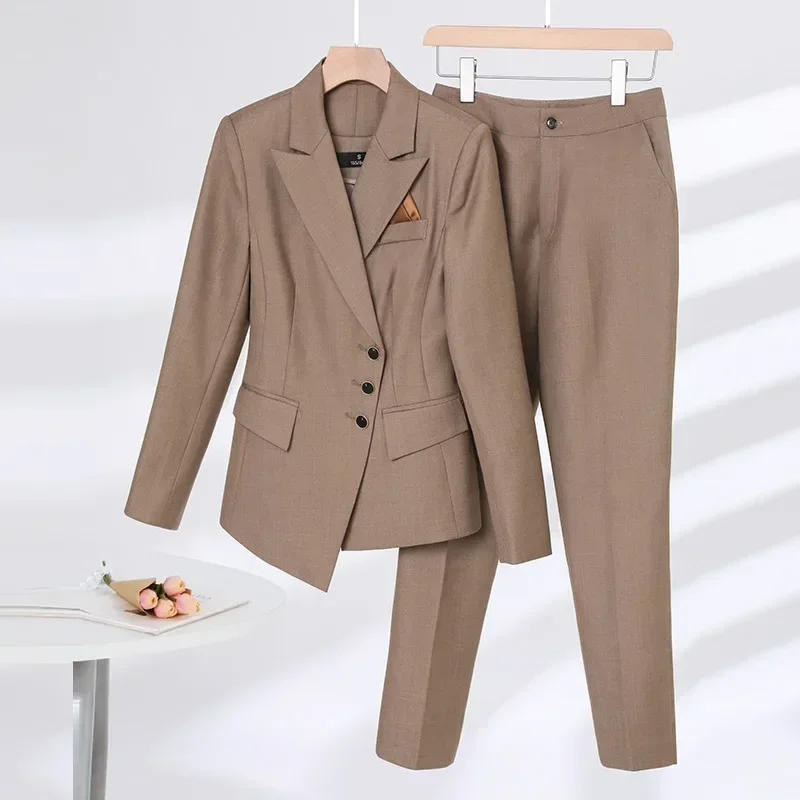 Khaki Women Suit Pants Set 2 Piece Blazer+Trousers Female Spring Office Lady Business Work Wear Formal Elegant Coat Prom Dress