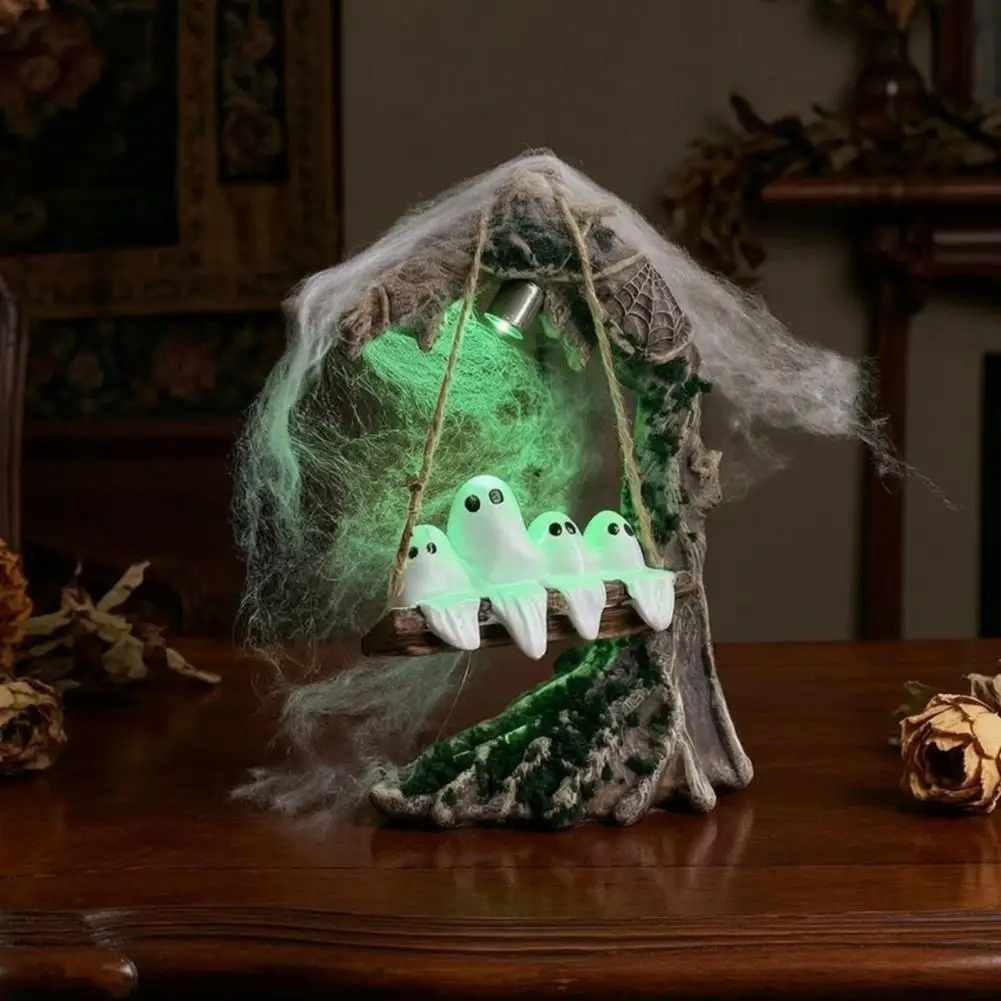 Halloween Ghost Table Decoration Fun Tree Swing Ghost Decor Halloween Ghost Swing Statue Spooky Light-up Figurine for Desktop