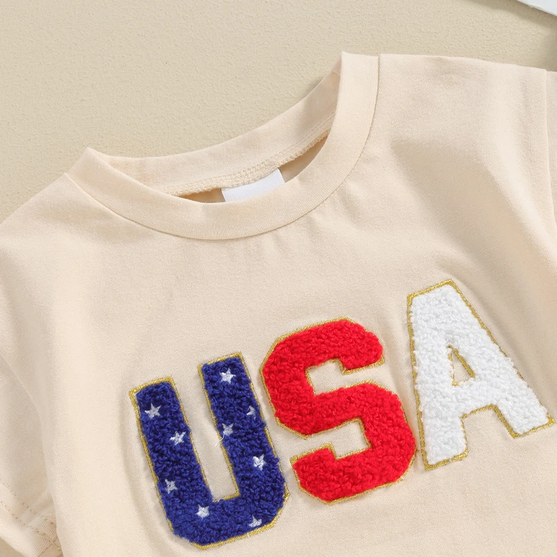 Infant Boys and Girls Romper with Round Neck and Short Sleeves Patriotic Letter Embroidery Jumpsuit for Newborns and Toddlers