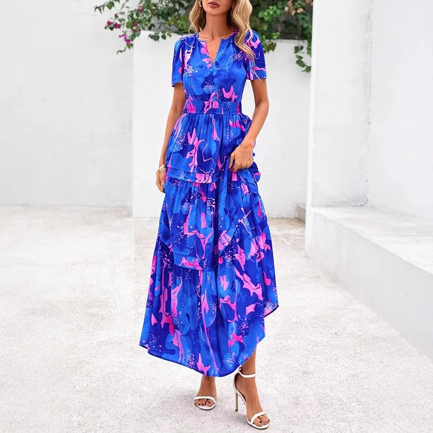 Sexy V Neck Short Sleeve Floral Print Boho Party Dress Summer Women Beachwear Sand Vestidos Elegant Vintage Dresses Robes 2025