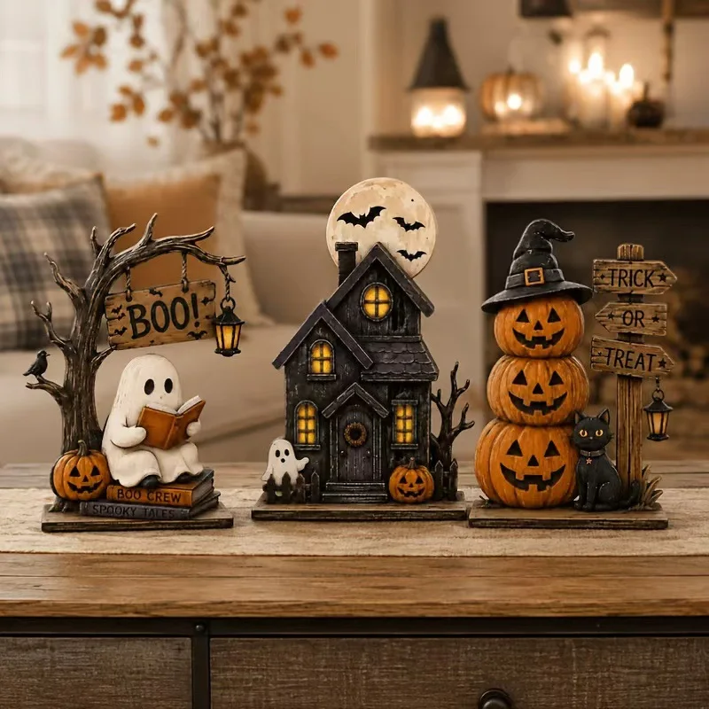 Vintage Halloween Wooden Decor 3-Piece Set – Ghost Black Cat Pumpkin Elements, Perfect Autumn Fall Holiday Home Ornaments