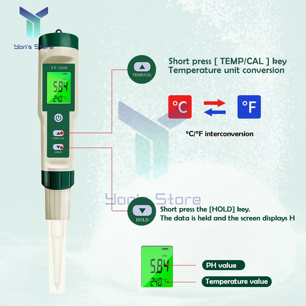 YY-1030 Food PH Meter Thermometer Electrode PH Measuring Instrumen for Aquarium Water Quality Tester Food Meat Cheese Milk Soil