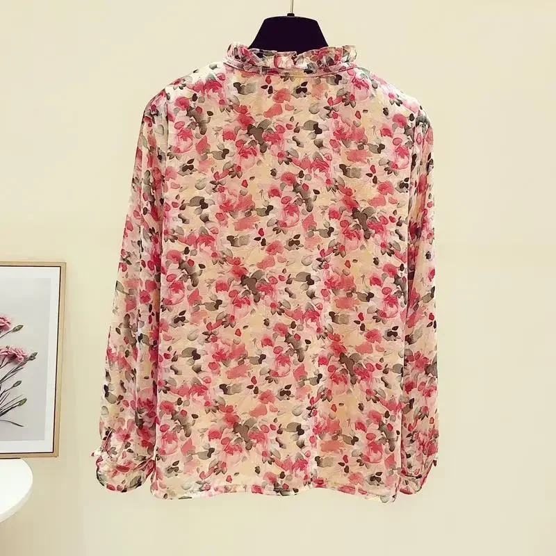 Różowa bluzka damska z szyfonu w kwiatowy wzór, elegancka, szykowna, wkładana przez głowę, luźna, z długim rękawem, odzież damska, topy, moda 2026