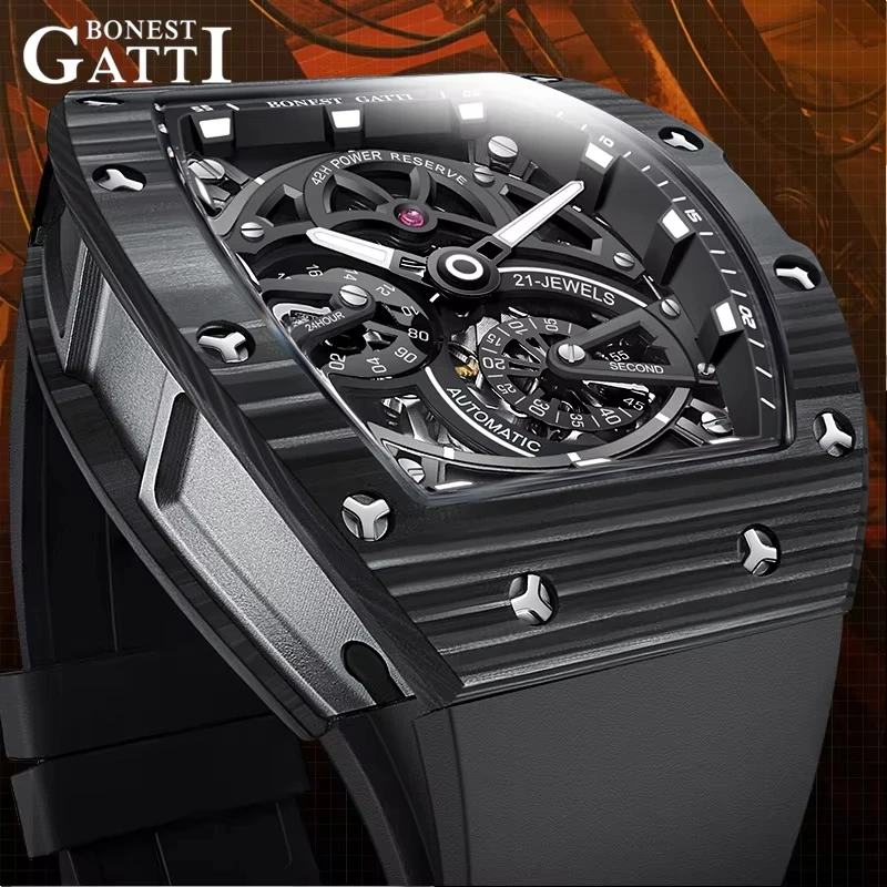 

BONEST GATTI Automatic Movement Mechanical Watch Carbon Fiber Bezel Tonneau Luminous Case Fluororubber Strap Watches For Men