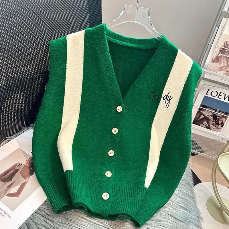 Korean V Neck Sweater Vest Women Spring Autumn Soft Cardigan Knitwear Waistcoat For Women Casual Outwear Knit Sleeveless Jacket