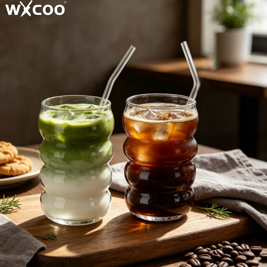 10.16oz High Borosilicate Glass Coffee Cup with Spoon and Straw Retro Vertical Ripple Design For Iced Milk Tea Cola Coffee Mug