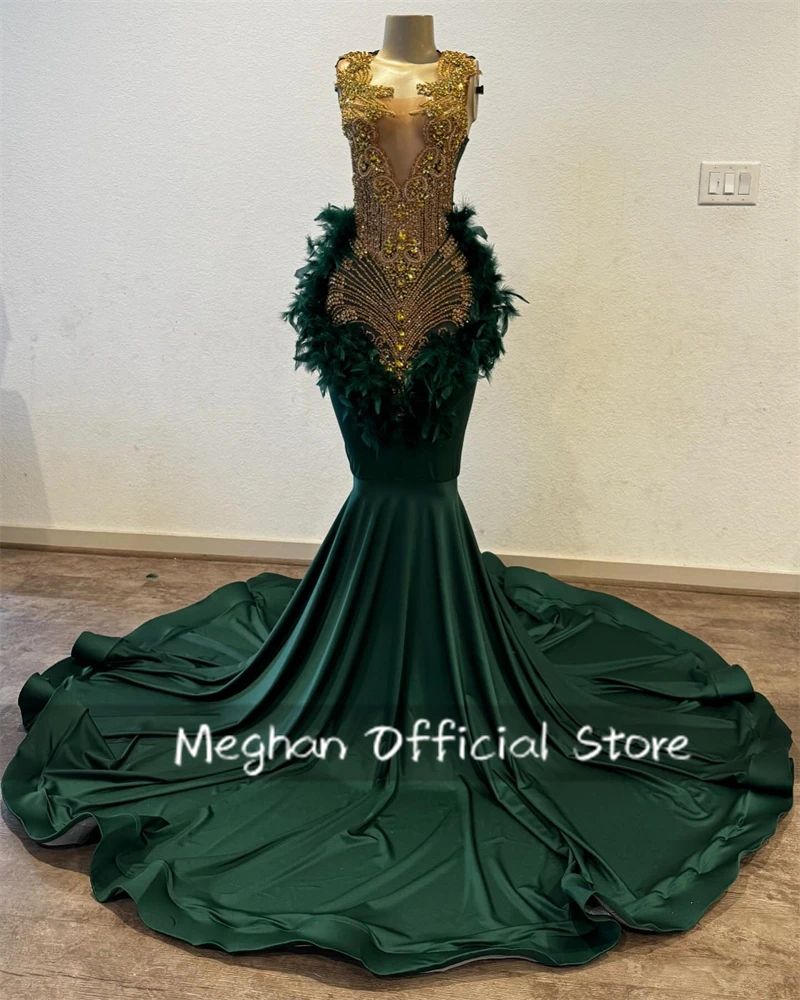 Emerald Green O Neck Long Prom Dresses For Black Girls Bead Crystal 2024 Birthday Luxury Dress Feather Graduation Gown