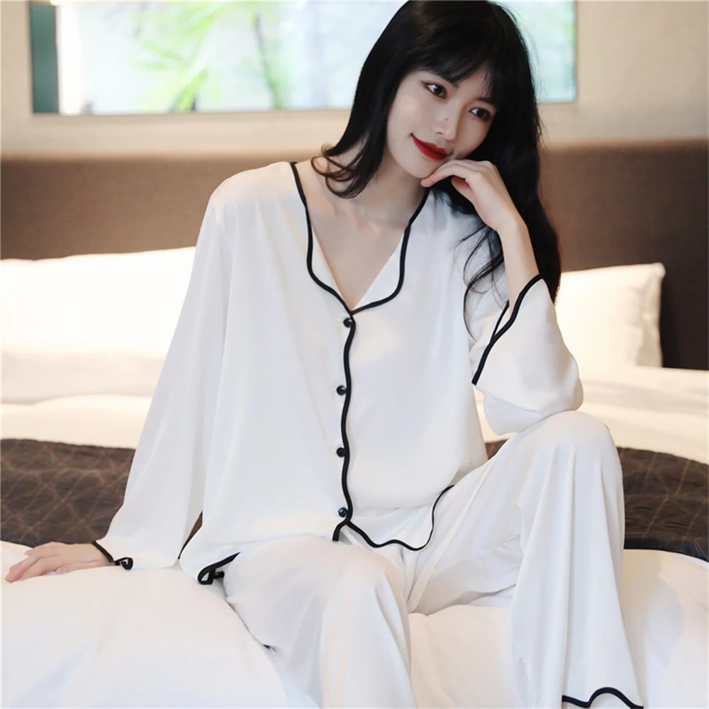 

Spring Summer Sexy Pajama Two-piece Set Women Thin Silk Satin Sleepwear Black Ruffles Loungewear Loose Long Sleeve Trousers Suit