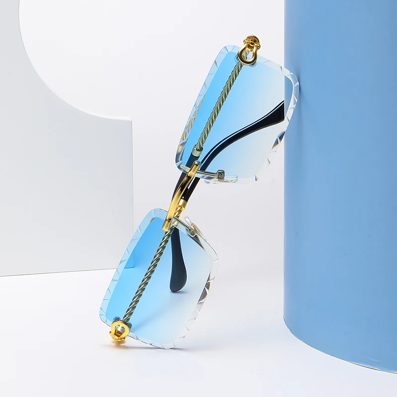 Vintage Rimless Cutaway Rectangle Sunglasses Women Metal Twist Mirror legs Glasses Summer Gradient Street Shot Eyewear