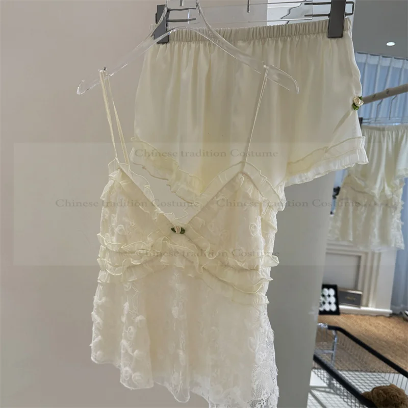 Sweet Lace Floral Sling Shorts Pant Female Satin Sleepwear Summer New Nightwear Pajamas Suit Princess Style Lingerie Homewear